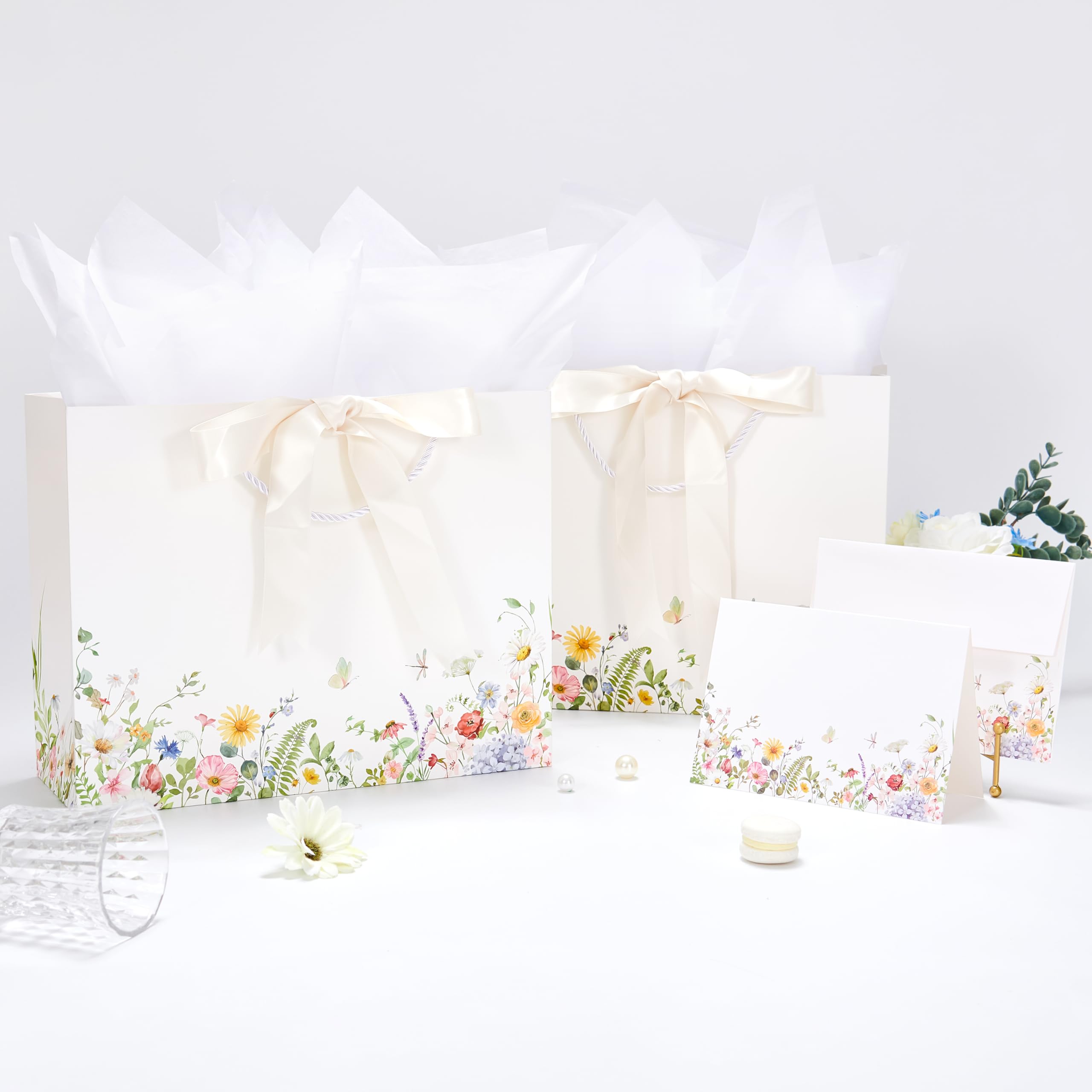 Crisky 2 Pack Wildflower Gift Bag with Tissue Paper and Cards for Wedding, Bridal Shower, Engagement, Bachelorette, Birthday, Tea Party