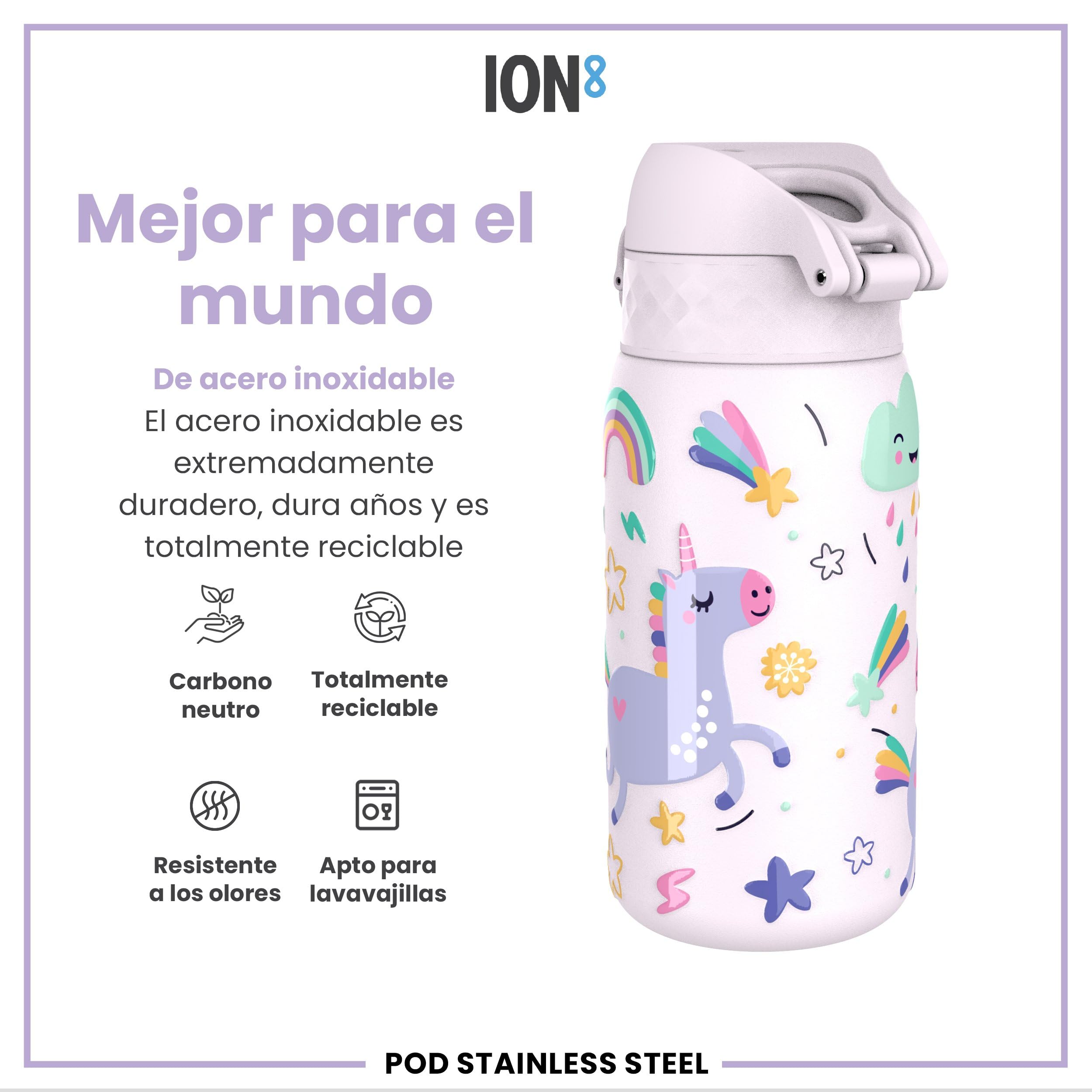 ion8 Botella Agua Inox Ligero para Niños, 400ml, Sin Aislamiento, a Prueba de Fugas, Fácil de Abrir, Cerradura Segura, Apta para Lavavajillas, Tapa Abatible, Fácil de Limpiar, Unicornios, Rosa