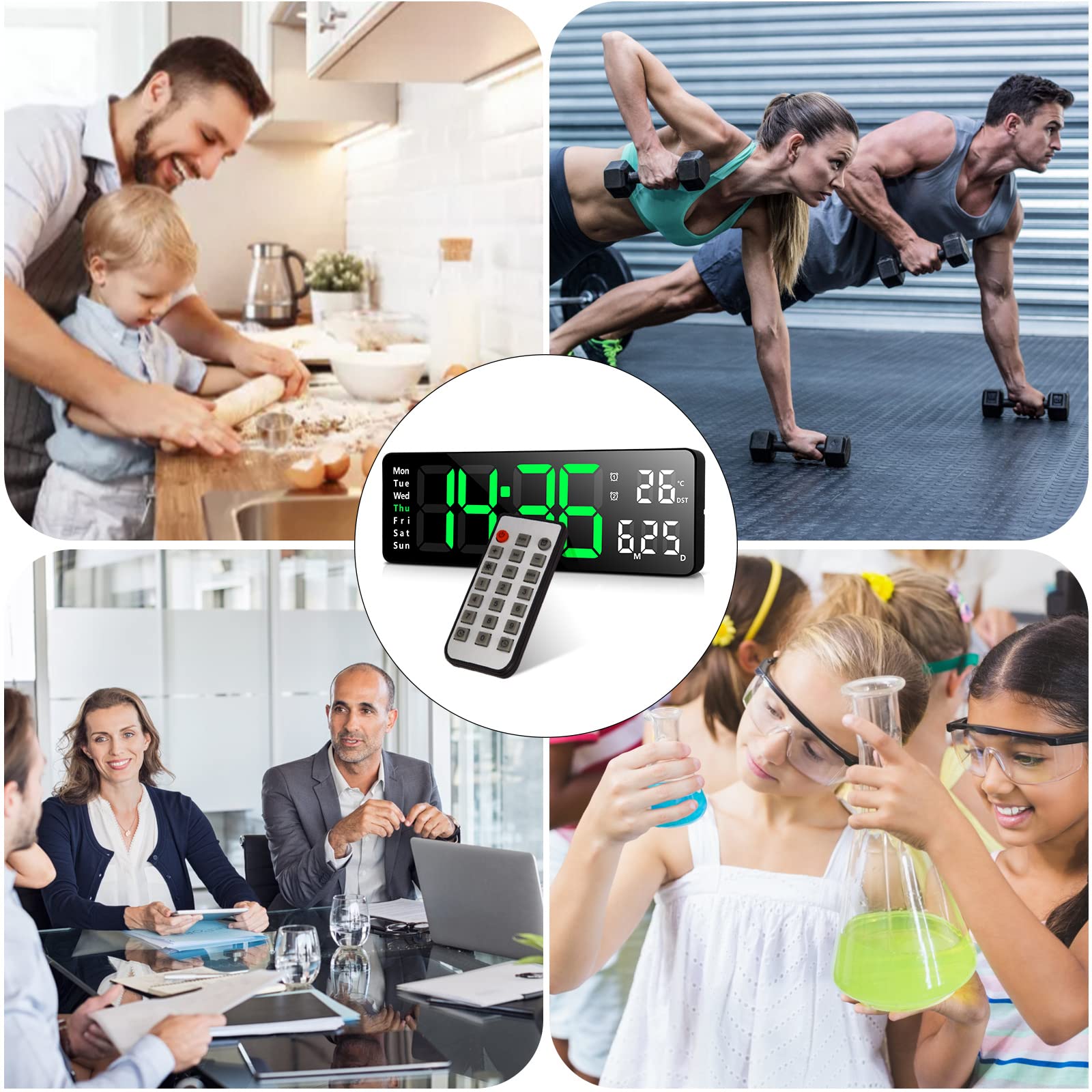 Koolertron Horloge Numérique Murale LED Reveil Positif Compte à Rebours Chronomètre USB Luminosité Réglable avec Télécommande pour Salon Cuisine Bureau Gymnase (13 Pouces, Vert)