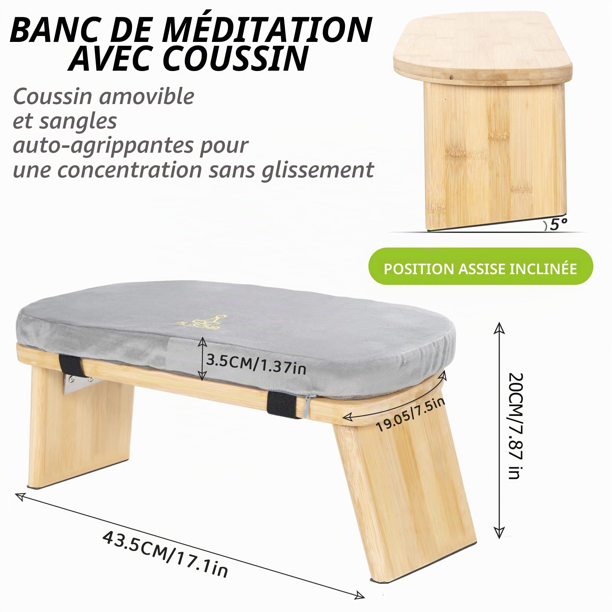 Banc de méditation pliable ergonomique en bambou - Tabouret de méditation avec coussin - Chaise de méditation portable avec sac de transport pour s'agenouiller, prière, pratique avancée - Gris