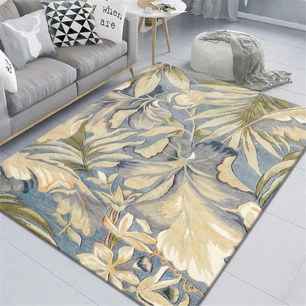 Tapis de salon vert antidérapant à grand motif de feuilles pour chambre