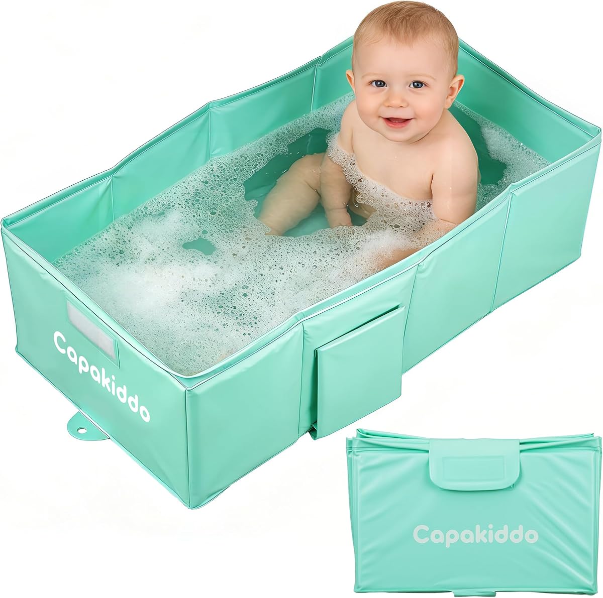 Bañera plegable para bebé, que ahorra espacio y es fácil de limpiar | Bañera plegable portátil para niños pequeños con tapón de drenaje, adecuada para 6 m a 6 años, verde