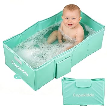 Collapsible Baby Bathtub, Portable Foldable Toddler Bath Tub with Drain Plug, Space-Saving & Easy to Clean, Suitable for 6M to 6Y,Green