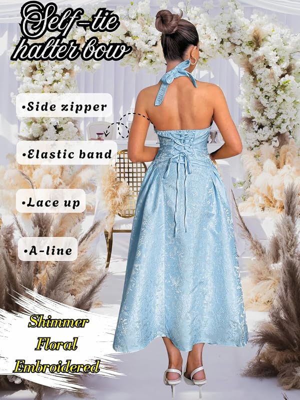 ChiaoLezhee Jacquard Maxi Dress, V Neck A Line, Wedding Guest Prom, Halter Corset Pastel Tea Party Vacation Semi Formal Garden Long Dresses for Women Drop Waist Deep Sexy Flowy, Light Blue, XX-Large by ChiaoLezhee - Image 5