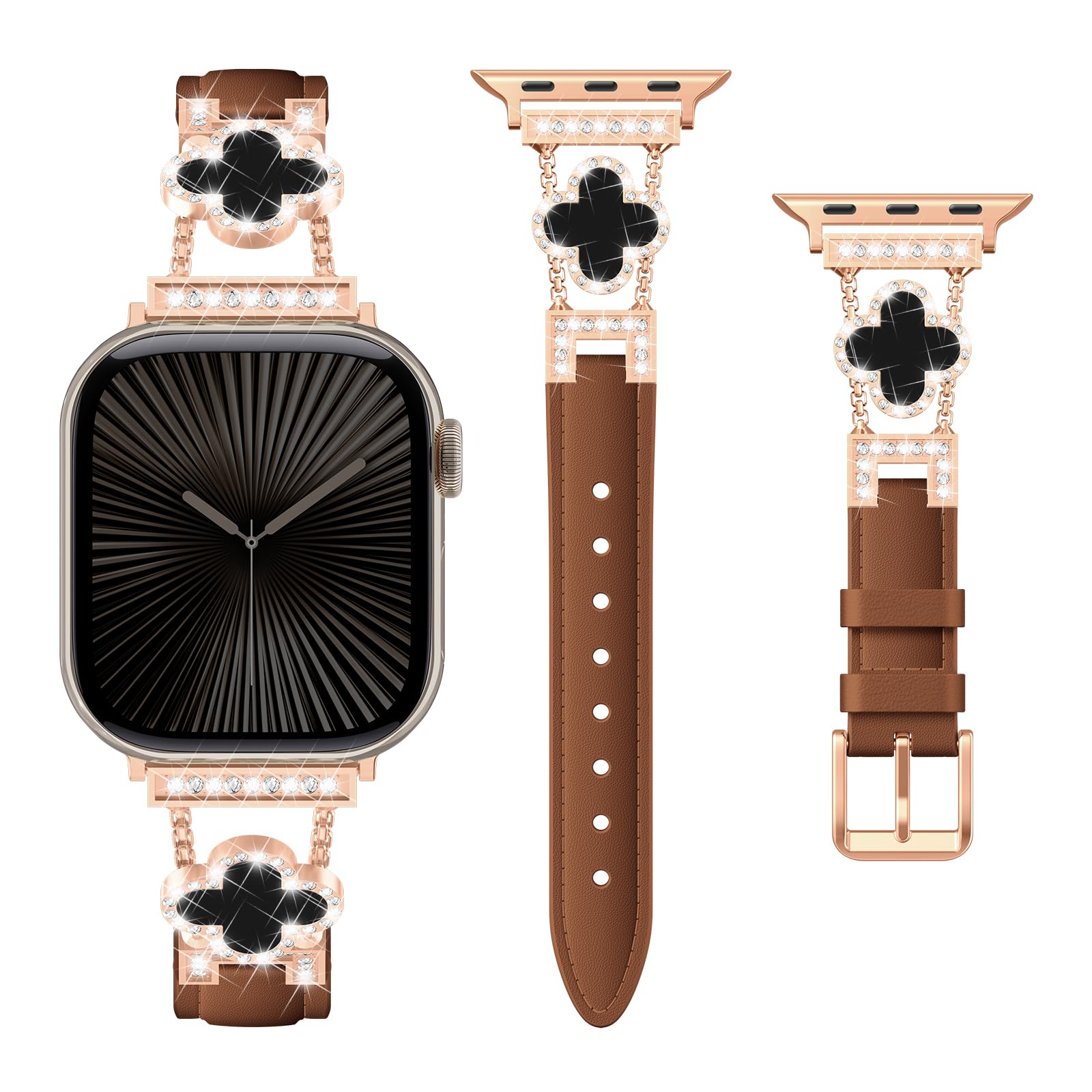 SOLOLUP Leather Band Compatible with Apple Watch Bands for Women 40mm 41mm 42mm 38mm,Dressy Slim Thin Cute Bracelet with Bling Buckle Metal Link Chain