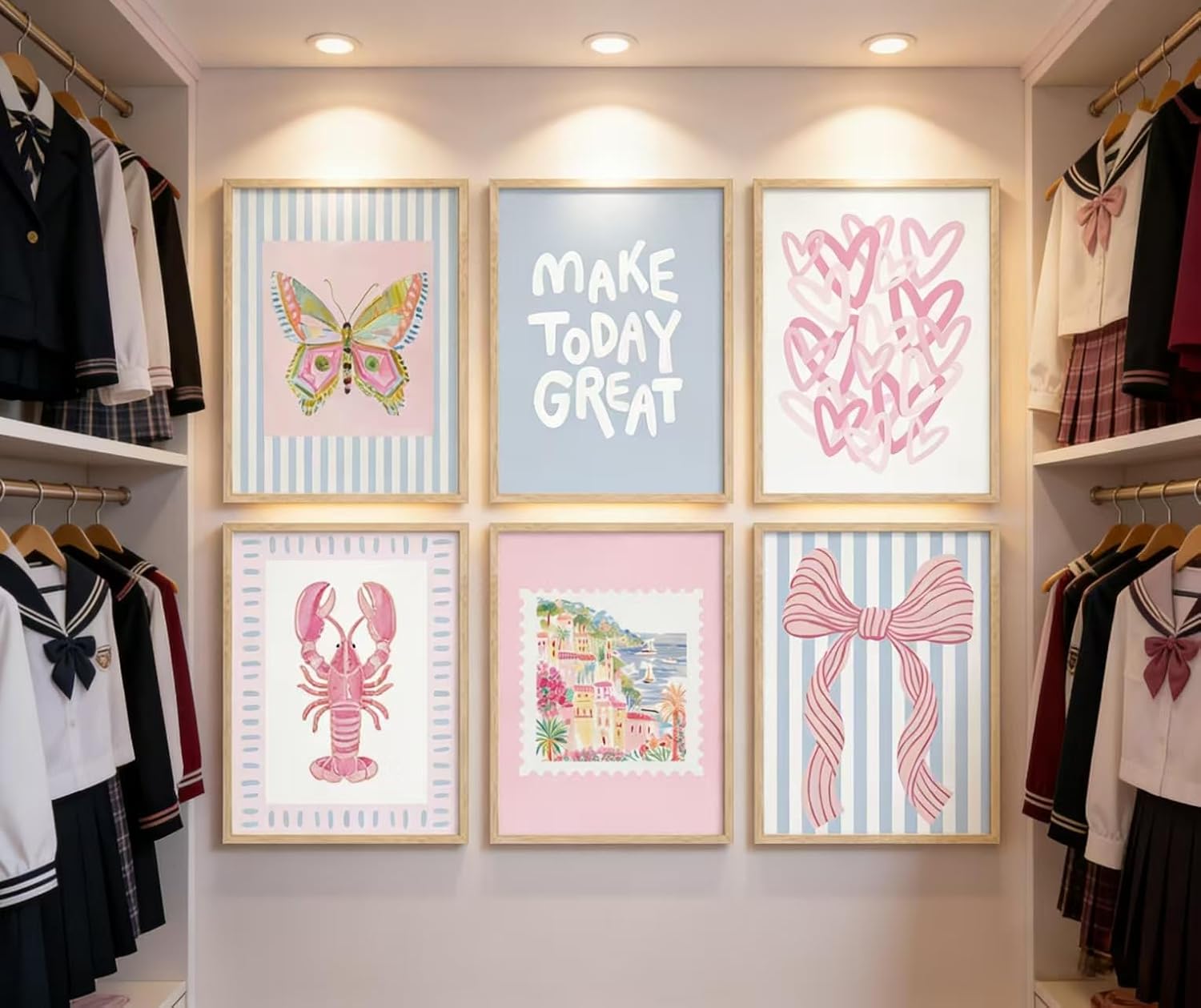 6Pcs Unframed Pink Blue Beach Wall Art Trendy Coastal Granddaughter Wall Decor Picture Summer Preppy Lobster Bow Canvas Posters Prints for Girls Apartment Dorm Home Decorations