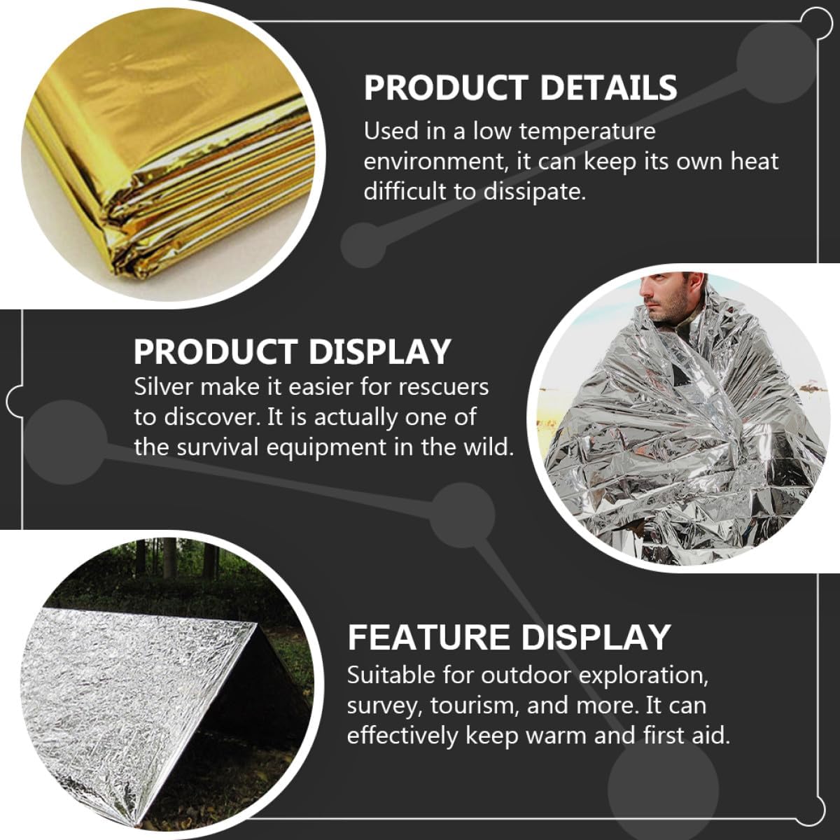 Cabilock 4pcs Emergency Aluminum Foil Blankets Double-Sided Thermal Insulation Survival Space Blankets for Outdoor Camping Hiking Emergency Use