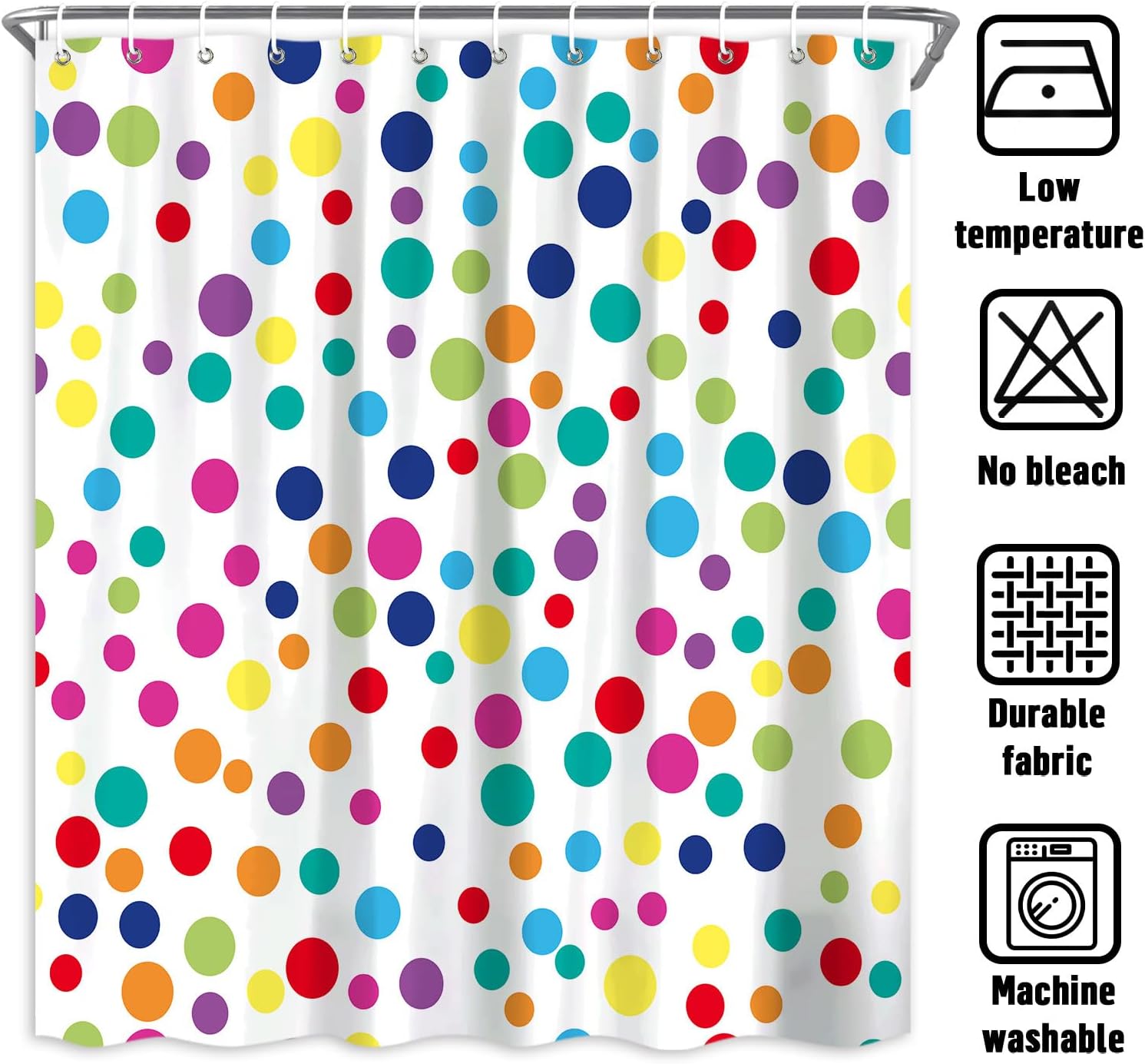 Kids Rainbow Bathroom Shower Curtains, Retro Colorful Geometric Polka Dots Bath Curtain, White Modern Restroom Waterproof Fabric Shower Curtain Sets with Hooks