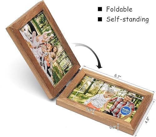 Vista 2 de P-MU-2H46 - Marco de fotos plegable de 4 x 6 pulgadas, doble horizontal con bisagras, madera de pino envejecida con vidrio real para mesa