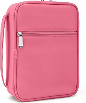 Small Bible Cover Case for Women and Men, 9x6 PU Leather Bible Sleeve, Compact Travel Bible Carrier Bag with Front Pen Holders, Zipper Closure, Inner Pockets - Hot Pink