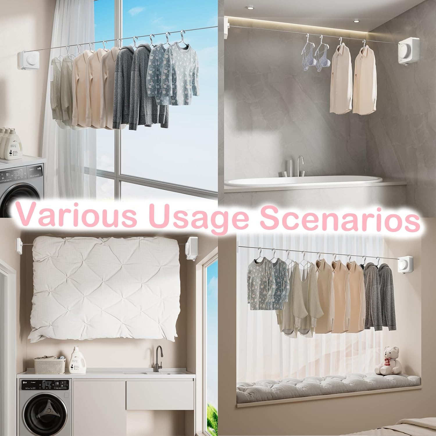 JXKNKSR-Telescopic Clothesline Indoor and Outdoor, Heavy-Duty Laundry Line, Wall Mounted, Safety Lock System (White+10Clothes Pins)
