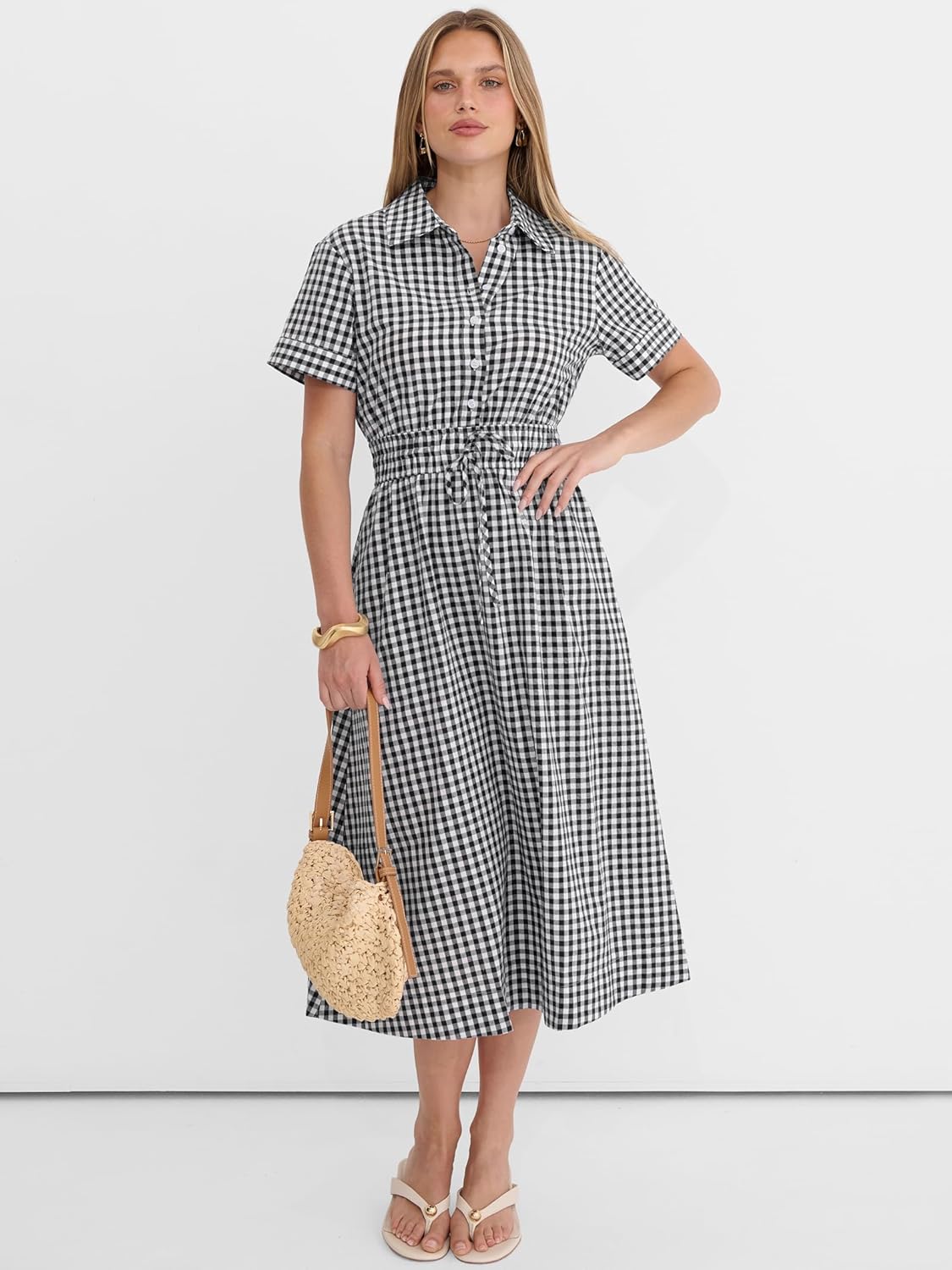 ANRABESS Womens Summer Midi Dress Short Sleeve Striped Plaid Button Collar Shirt Dresses 2026 Casual Beach Vacation Clothes - Image 6