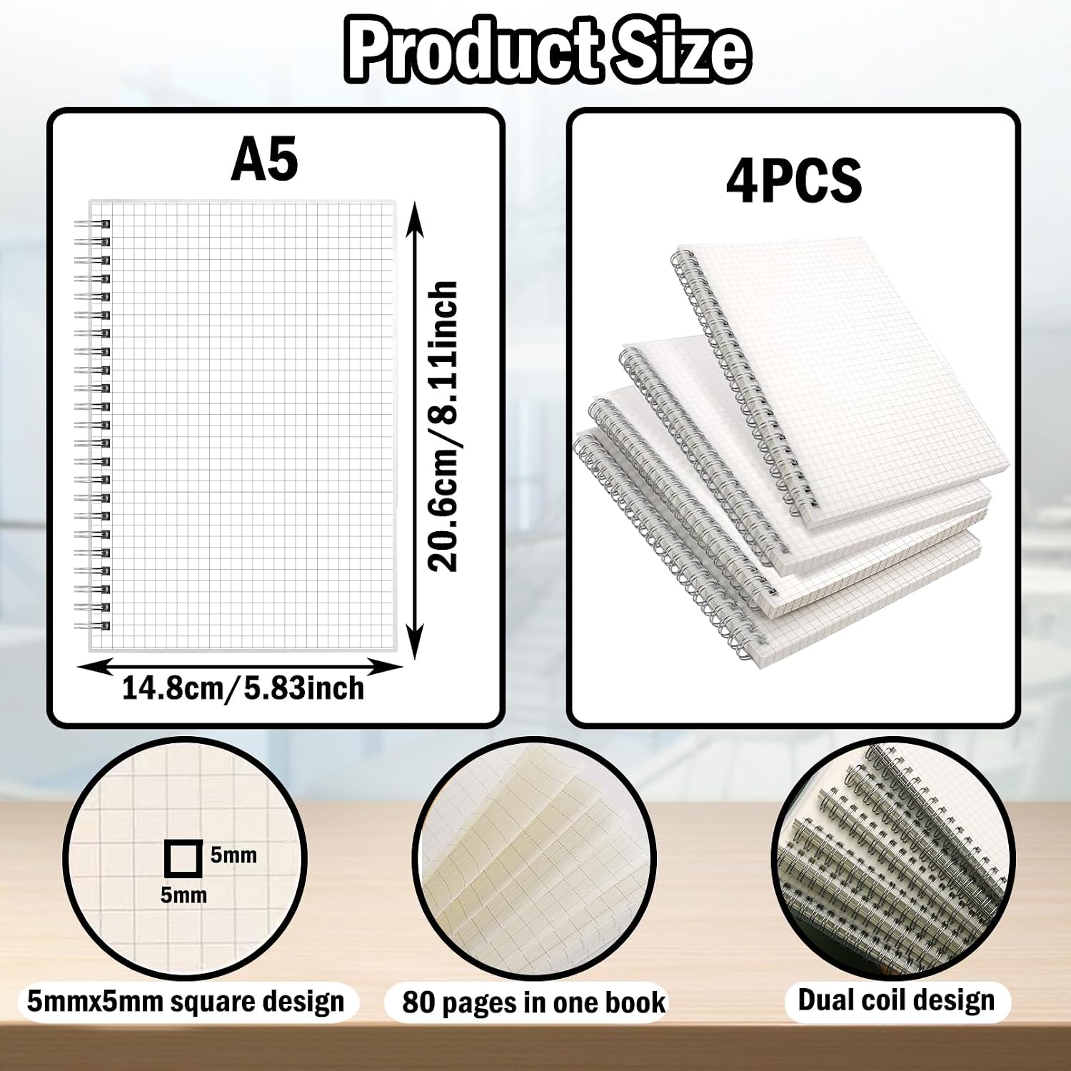 smilixin 4 PCS Graph Notebook,A5 Graph Paper Notebook,80 Sheets,70 gsm image 2