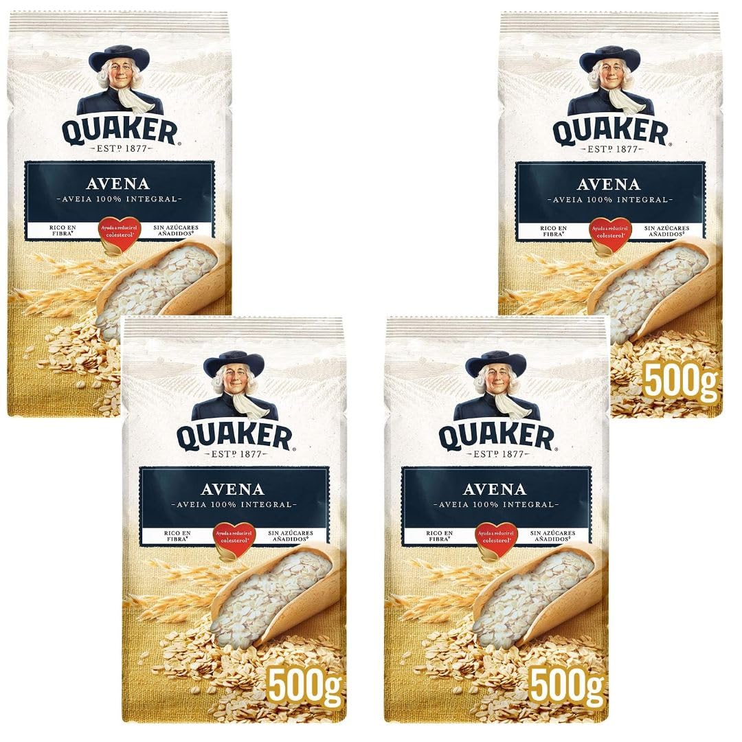 Quaker Avena en Hojuelas 100% Natural – Pack 4 x 500 g (2 kg) | Avena Integral para Desayunos Saludables, Fitness y Recetas Caseras