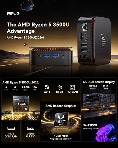 NiPoGi E1 Mini PC ΑΜD Ryzen 5 3500U (3.7GHz,4C/8T) WiFi5 BT4.2 W-11 PRO | Migliore di Ν95/N100,16GB DDR4/256GB M.2 NVMe SSD Dual Display 4K@60Hz(DP1.4+HDMI2.0) Lavoratori Da Casa Smart Worker - 2