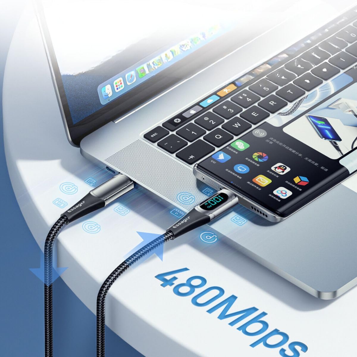 Essager cable transferring data at 480Mbps between laptop and phone