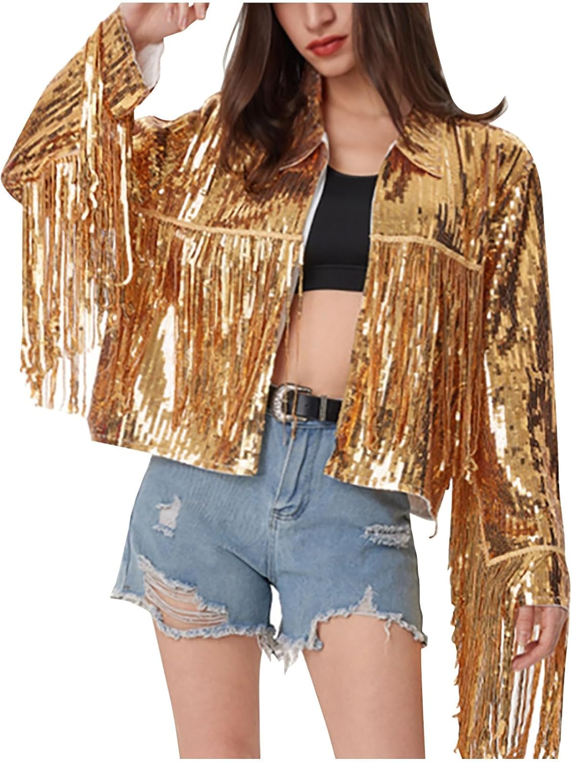 Women Sequin Fringe Jacket Shiny Disco Cowgirl Outfit Theme Y2K 90s Streetwear Jackets Glitter Tassel Cropped Coats