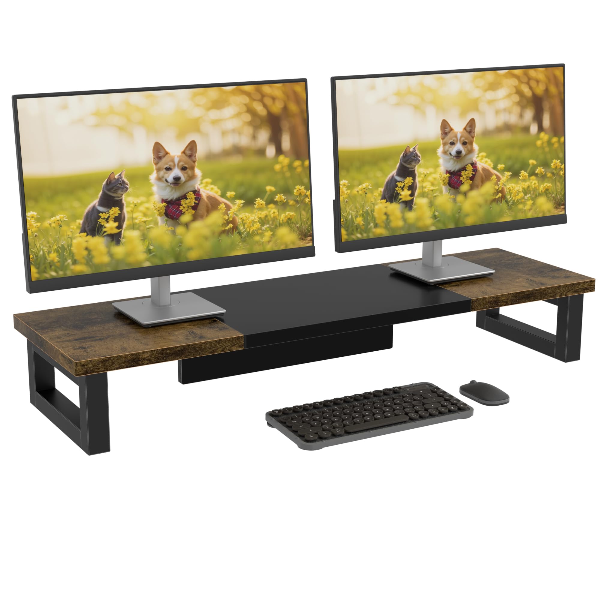 Soporte Monitor Escritorio, 91x26cm Elevador Monitor Doble Escritorio Soporte para Monitor, Soporte Pantalla Ordenador TV PC Monitor Stand Accesorios Escritorio, Retro Negro&Madera Global Recycled Standard Global Recycled Standard Global Recycled Standard