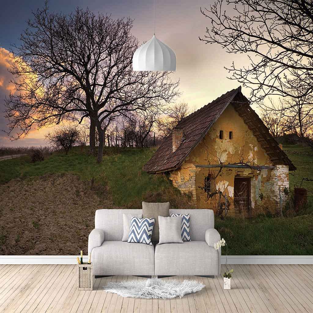 Papier peint photo 3D adhésif cabane vintage décoration murale chambre 400x280