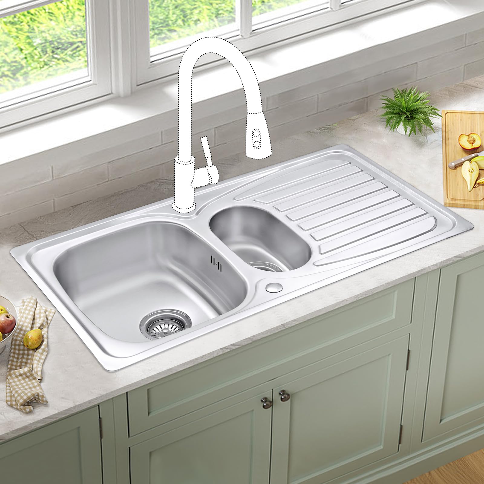 JASSFERRY Fregadero de cocina 1,5 senos, de Acero Inoxidable, escurridor reversible, con colador de residuos
