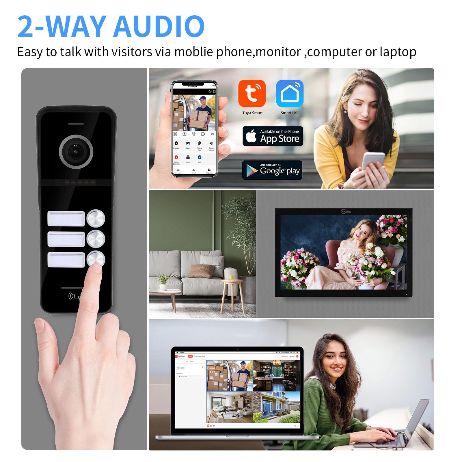 Videoportero con cable para apartamentos 3 unidades Videoportero con monitor táctil de 10 pulgadas, Kit de videoportero inalámbrico,Desbloqueo con tarjeta IC para (1 timbre negro+3 monitor negro)