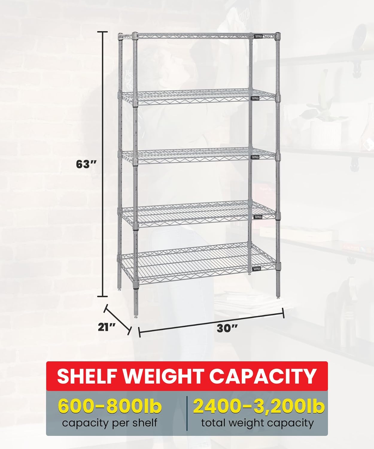 Quantum WR63-2130S-5 Wire Shelving Starter Kit with (5) Shelves and (4) Posts for Commercial Warehouse Storage Distribution | 800 lb Load Capacity | 30"W x 21"D x 63"H, Heavy-Duty Stainless Steel, NSF