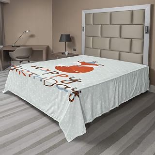 Ambesonne Birthday Flat Sheet, Fox Sleeping on Dotted Backdrop with Greeting Happy Message, Soft Comfortable Top Sheet Decorative Bedding 1 Piece, King Size, Almond Green Orange