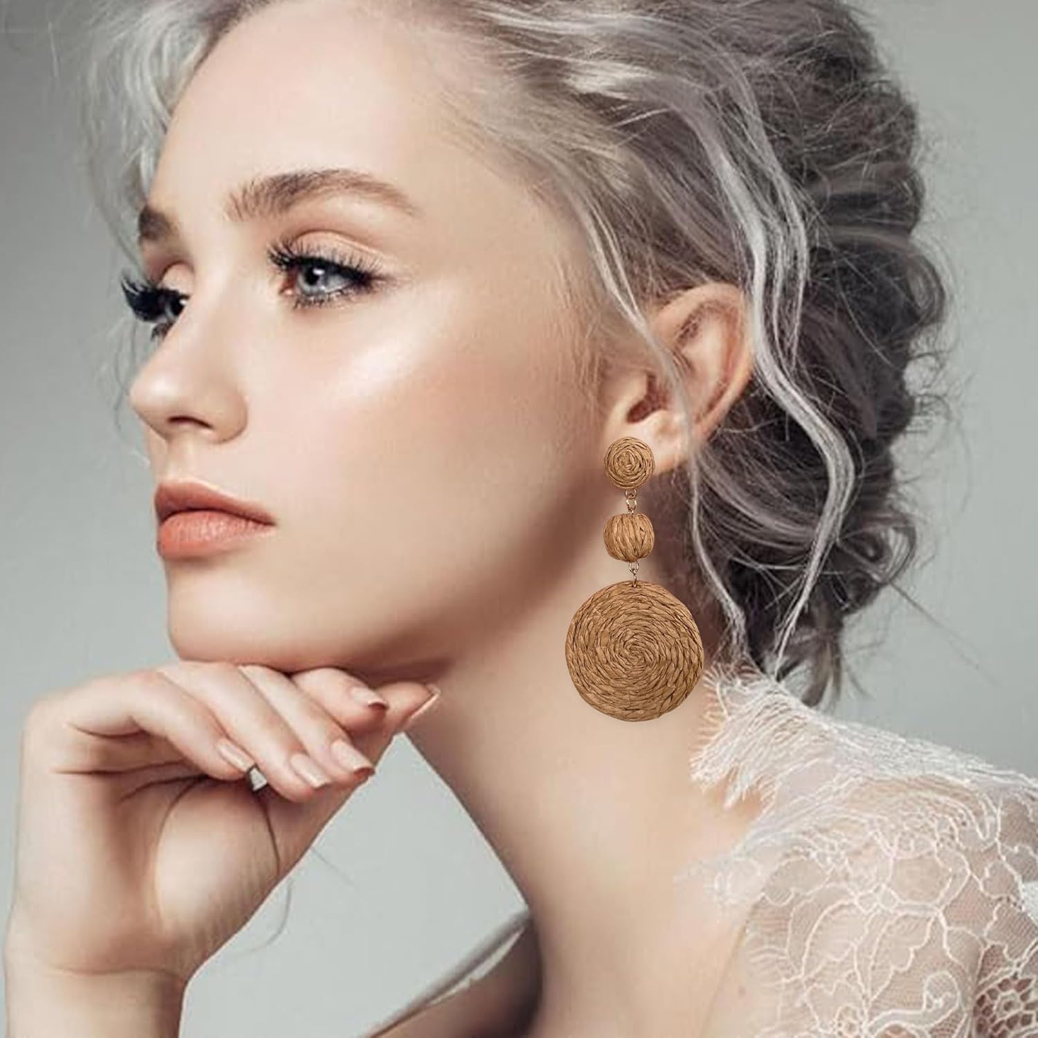 GBAHFY Raffia Round Earrings for Women Geometric Statement Boho Straw Raffia Ball Drop Earrings - Image 2