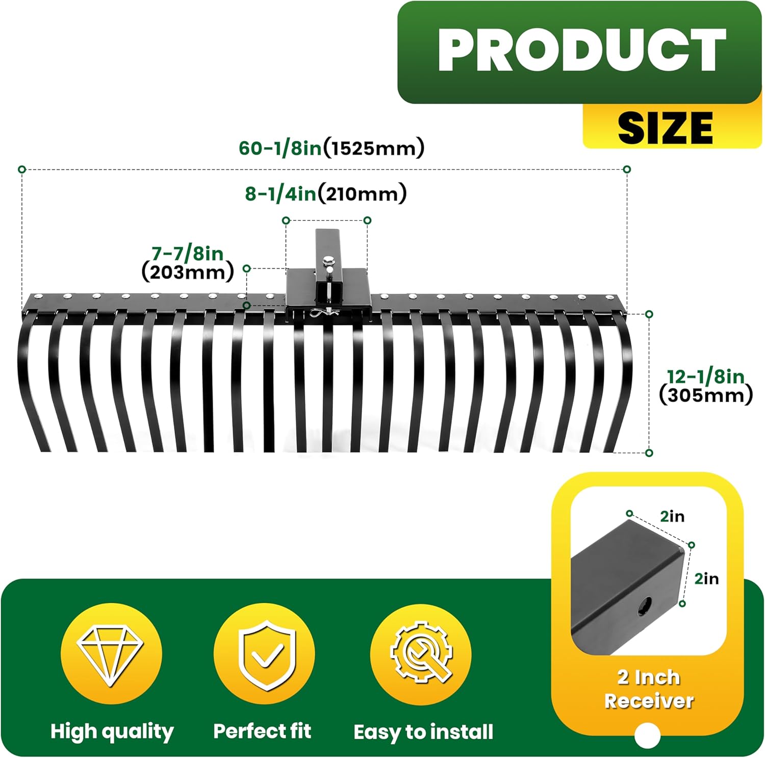 ECOTRIC 60" Landscape Rake, 3 Point Hitch System Fit for 2 Inch Receiver,Adjustable Lawn Dethatcher Rake Attaches to 48" or 60" for Grass, Leaves, Debris, Leveling Dirt and Gravel