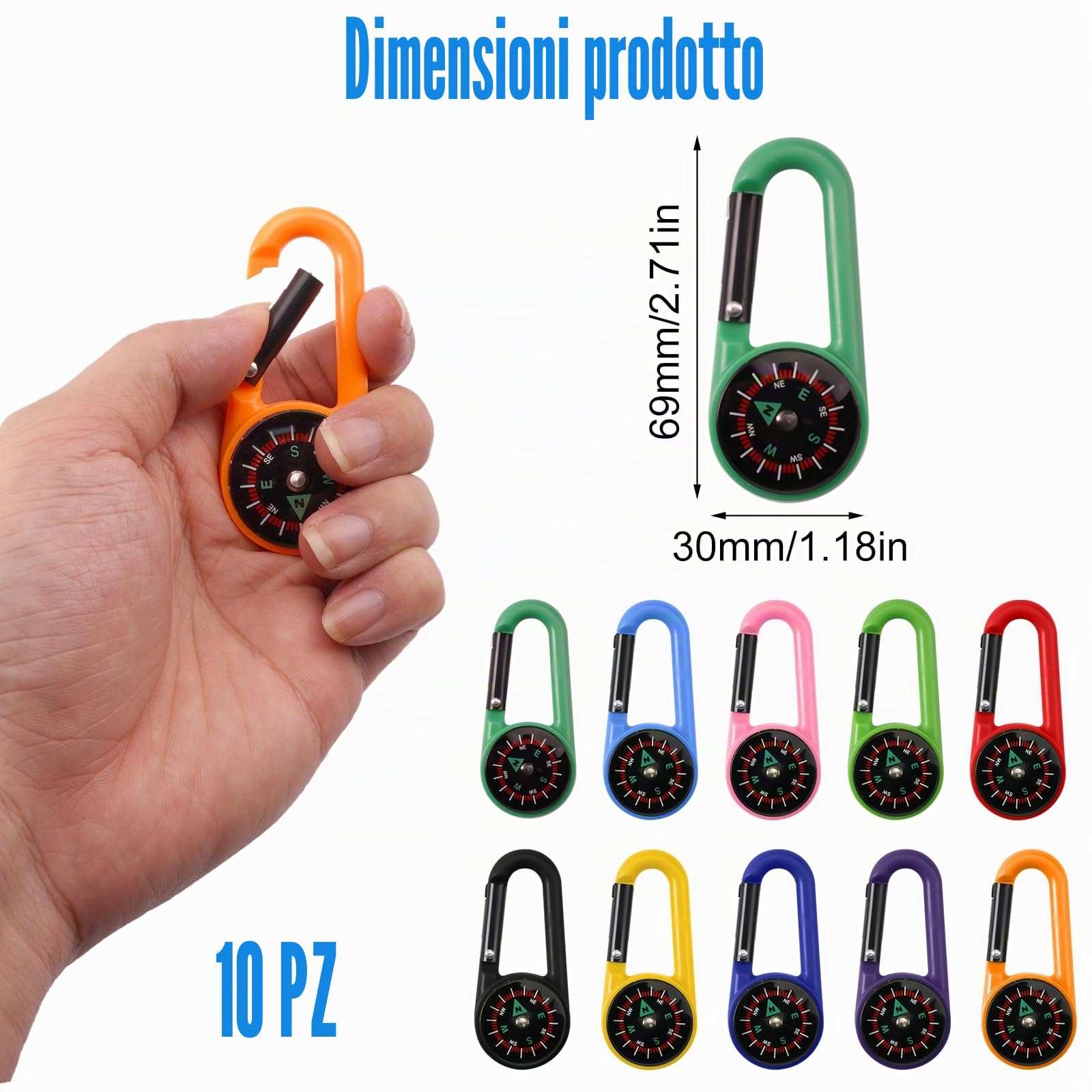 10 Pezzi Bussola Portachiavi,Mini Bussola di Sopravvivenza,Bussola da Campeggio,bussola Colorata con Moschettone,bussola Professionale Multicolor per Attività all'aperto, Viaggi, Escursioni, Campeggio