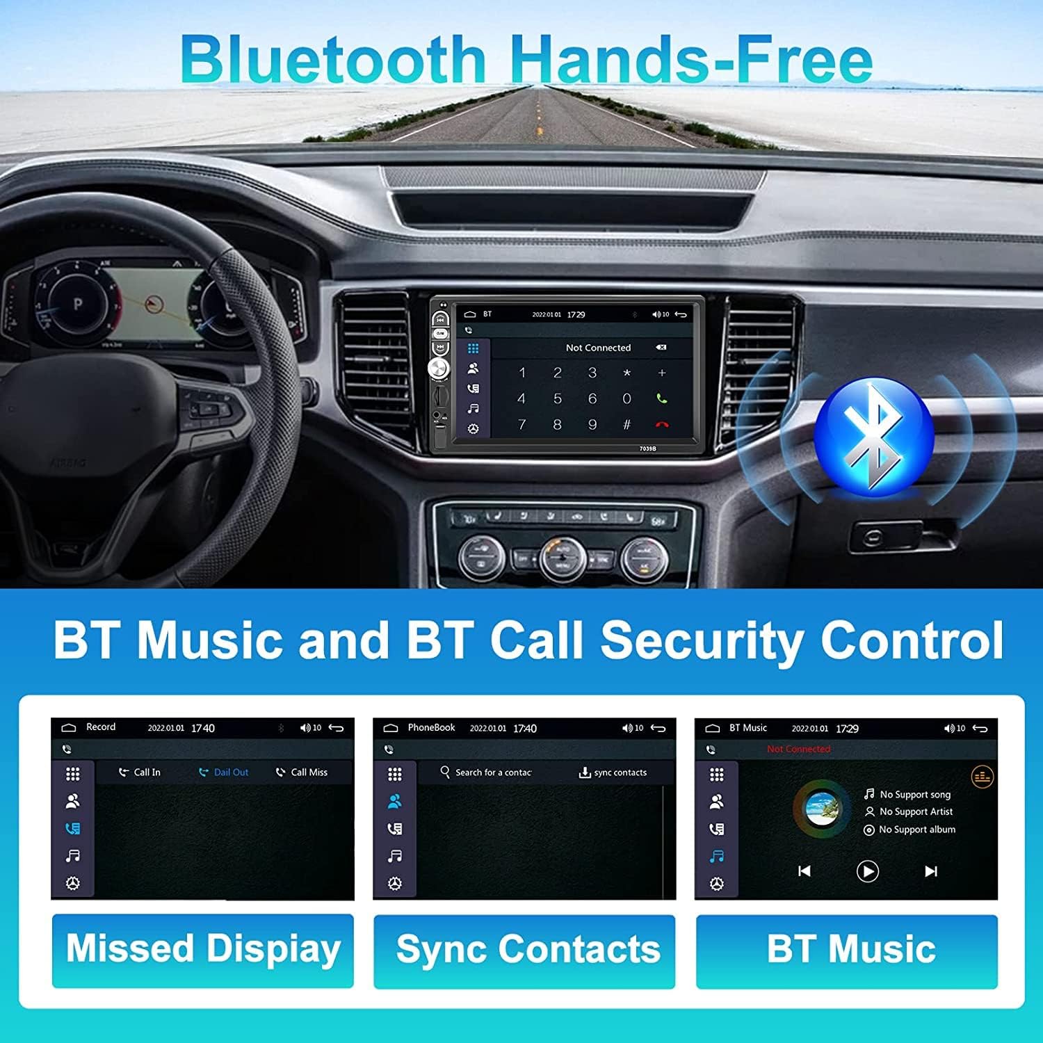 Autoradio Hikity con funzioni di chiamata in vivavoce Bluetooth e musica.