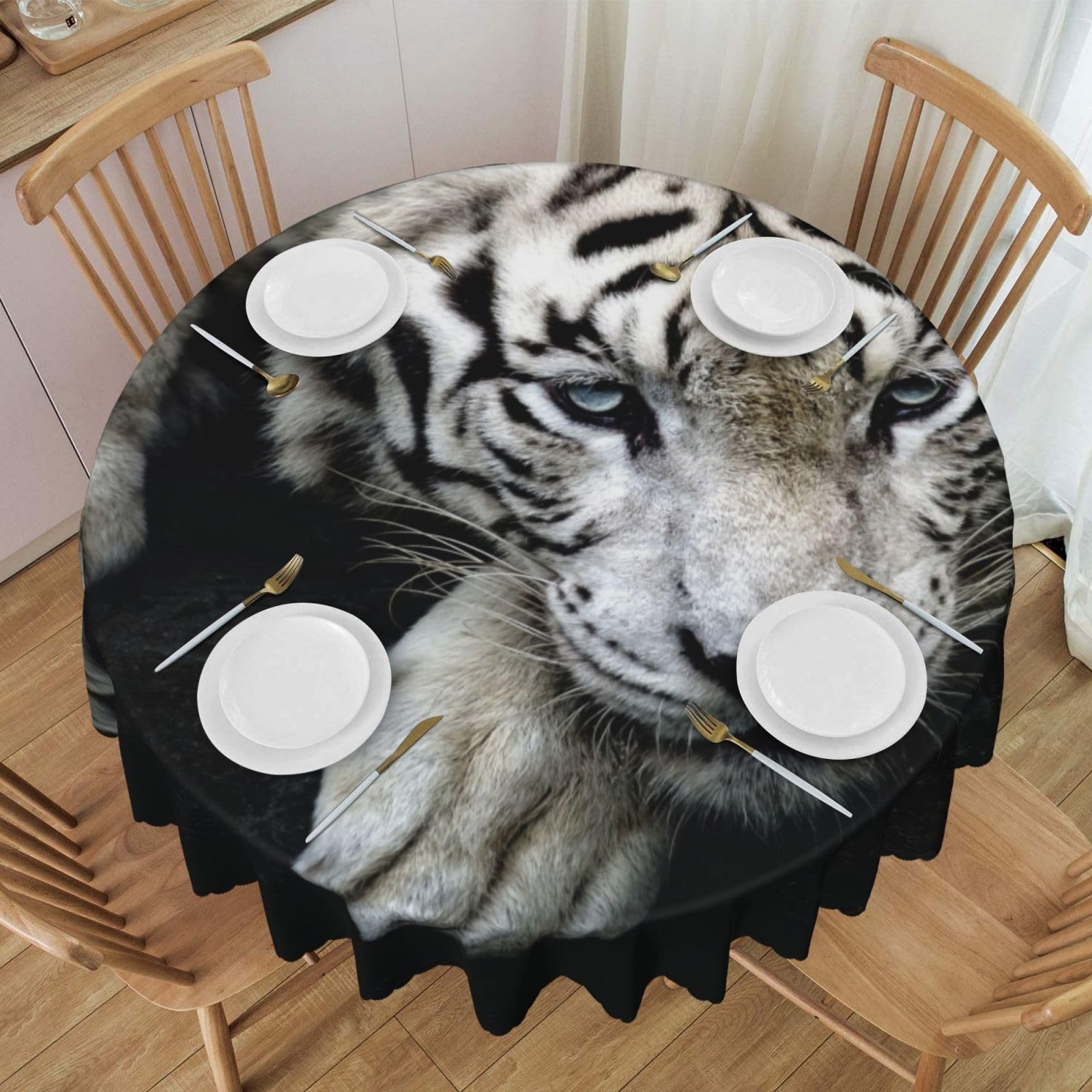 DCEHGEW 60 In Round Tablecloth with Lace, Tiger Lie On Rock Printed Oilproof & Washable Fabric Picnic Table Cloth Table Covers
