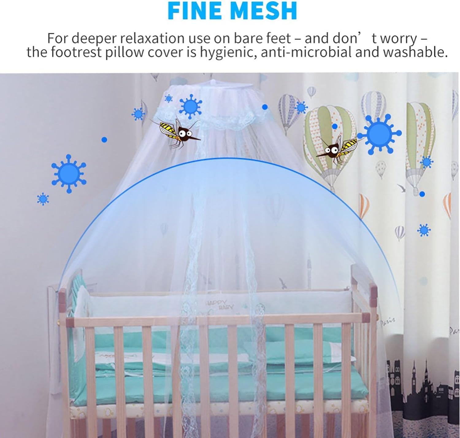 Universal Crib Floor Mosquito Net, Foldable Mosquito Mesh Palace Dome Baby Bed Canopy with Lace for Baby Kids Without Stand