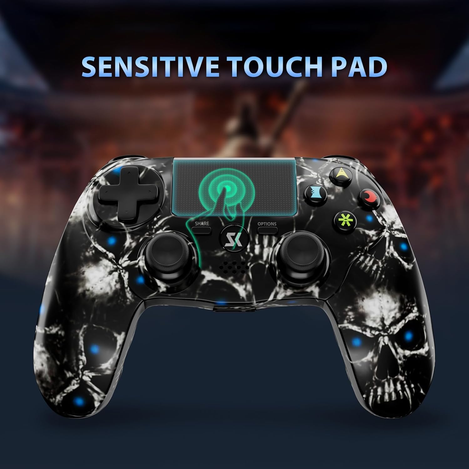 Wireless Controller for PS4, 2 Pack Controllers for PS4 with Double Vibration/6-Axis Sensor/Touch Pad/Headphone Jack, Ergonomic Non-Slip Grip Compatible with PlayStation 4/Slim/Pro (Skull & Red) - Image 4