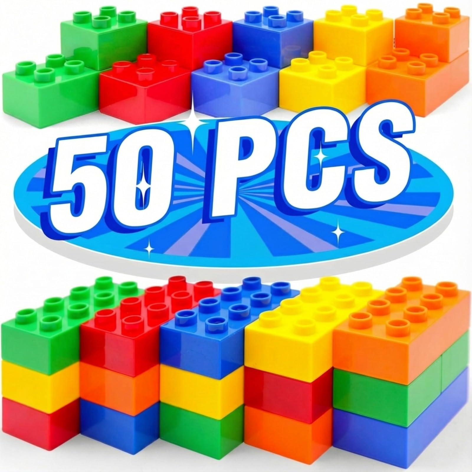 WYSWYG Große Bausteine Set - 50 Steine in 5 Farben, Kompatibel - Ideal für Kinder ab 3 4 5 Jahre, Standard-Code, Mehrfarbig