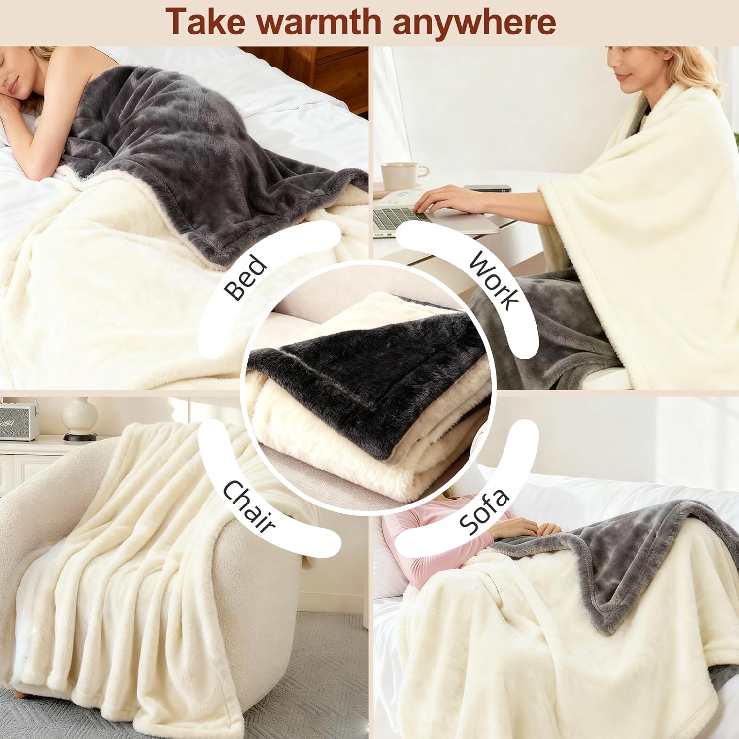 Electric Heated Blanket Throw 50" x 60" Soft Dual-Sided Flannel Fast Heating 12 Heat Levels 1–12H Timer & Overheat Protection & Auto Shut-Off & Machine Washable (Milky White & Gray) - Image 8