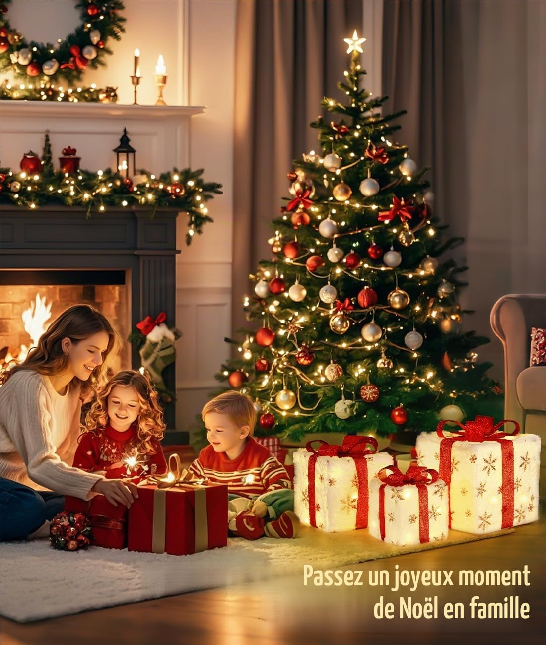 Coffrets Cadeaux de Noël Illuminés, 3 PCS Grandes Décorations pour Intérieur et Extérieur avec Télécommande, USB Plug in, Cadeau avec Flocon de Neige et Nœuds, Décoration pour Maison Véranda Pelouse