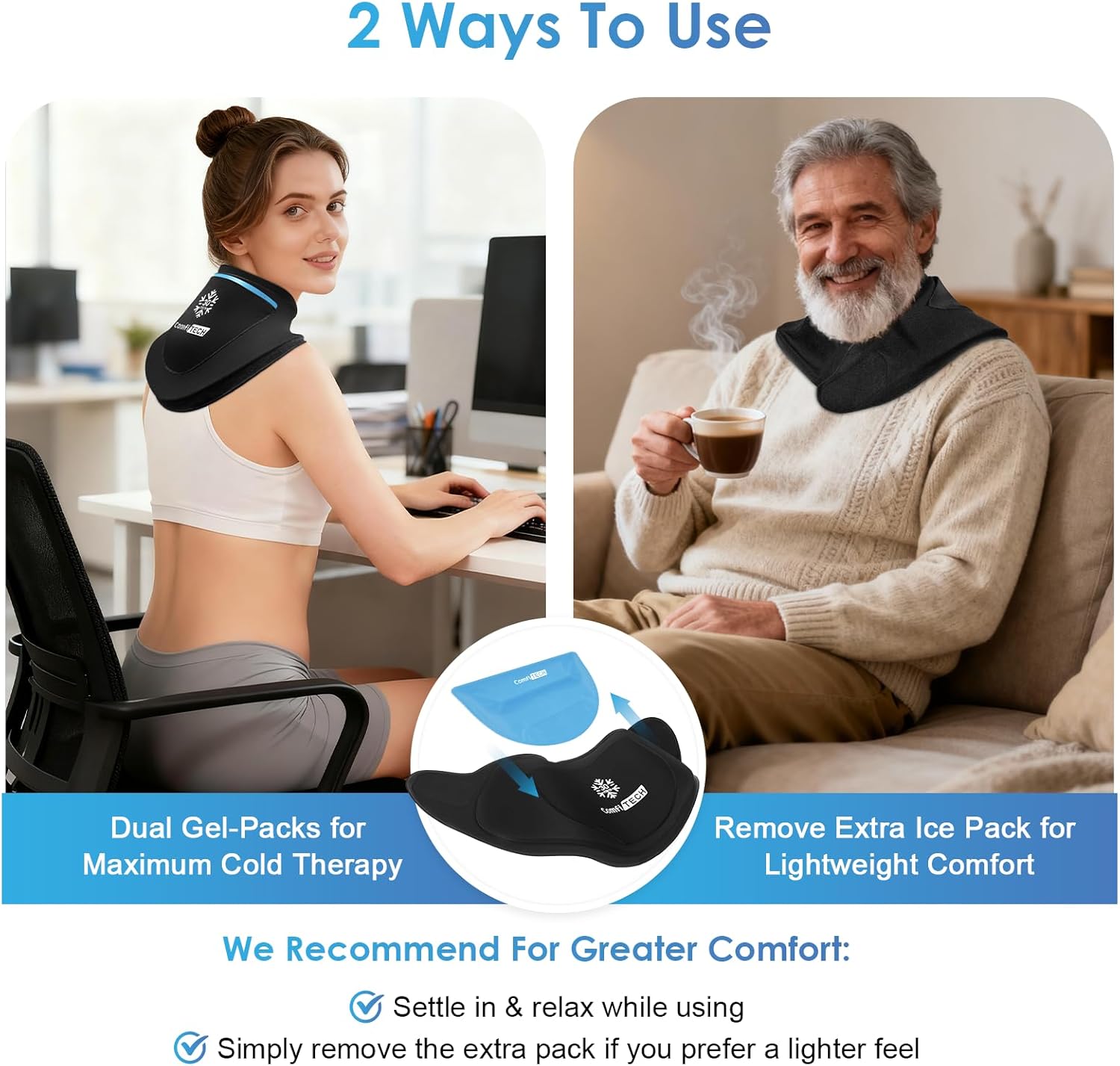 ComfiTECH Dual-Gel Neck Ice Pack Wrap with Extended 30-Minute Cooling, Detachable Cold Pack & Flexible Gel Cervical Ice Wrap for Swelling, Sprains, Stiff Neck, Post-Workout Recovery, Medium, 2 Packs