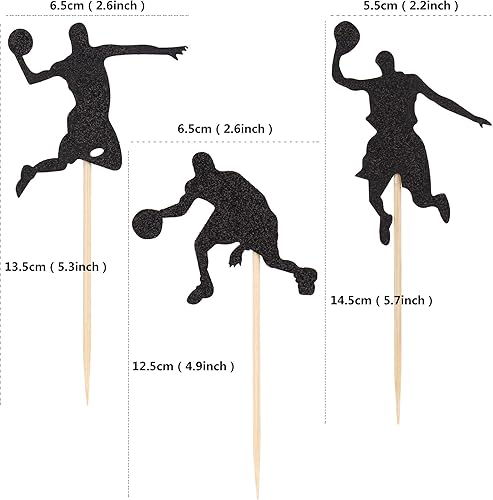 Miniatura 2 de Ercadio Paquete de 24 adornos para cupcakes de baloncesto con purpurina negra para jugador de baloncesto con purpurina para decoración de cupcakes