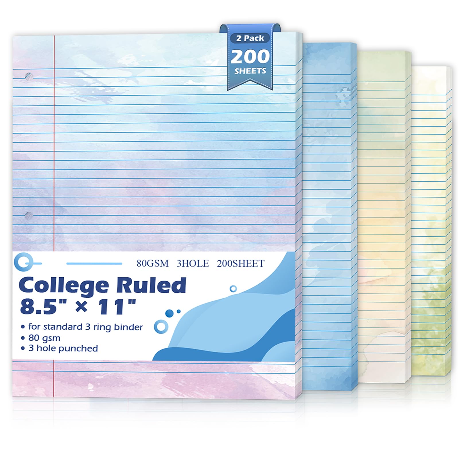 200 Sheets Letter Size Colored Loose Leaf Paper College Ruled For 3-Ring Binder 8.5" × 11" Colored Lined Filler Notebook Paper College Ruled Notepad 3-Hole Punched Watercolor 80gsm For School Office
