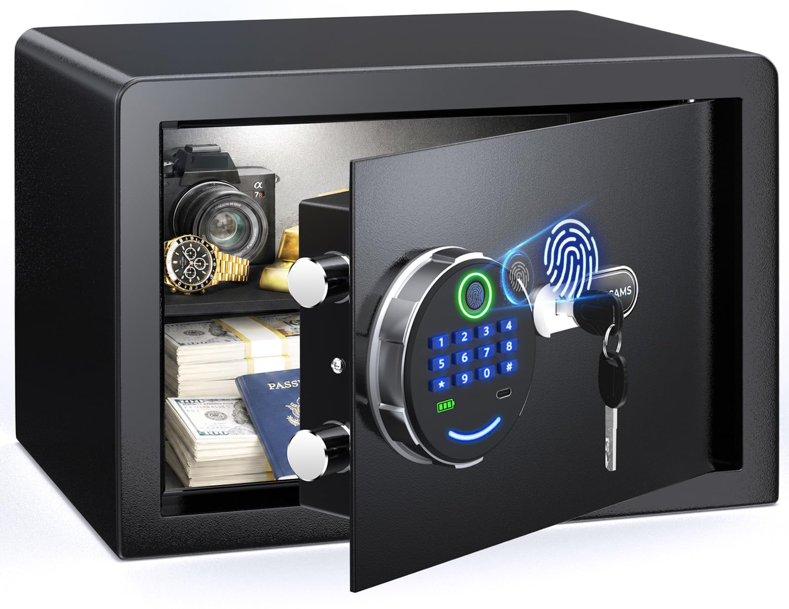 Biometrischer Safe mit Fingerabdruck-Schloss, kleine Tresore für Zuhause mit lautlosem Modus, Tastatur mit Hintergrundbeleuchtung und LED-Licht, digitale Sicherheitsbox für Geld und Schmuck