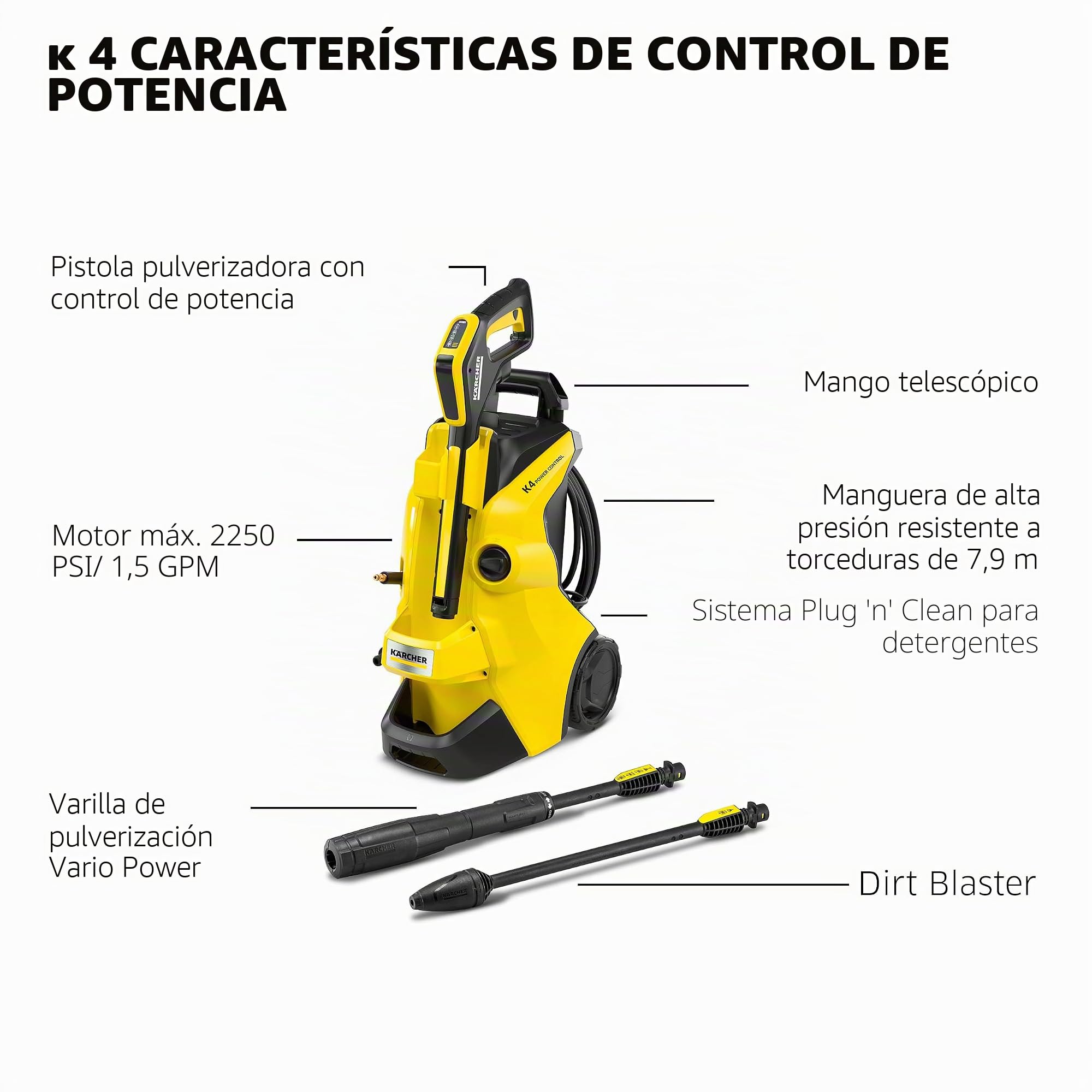 Kärcher Pressure Washer, K4 Power Control, MAX 1900 PSI, 26 ft. Hose, 2 Spray Wands - 1.5 GPM