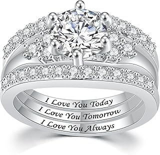 18K White/Rose Gold Plated Wedding Rings for Women 7MM Cubic Zirconia Rings Three-in-One Engagement Ring Set Bridal Promise Wedding Band Size 5-10