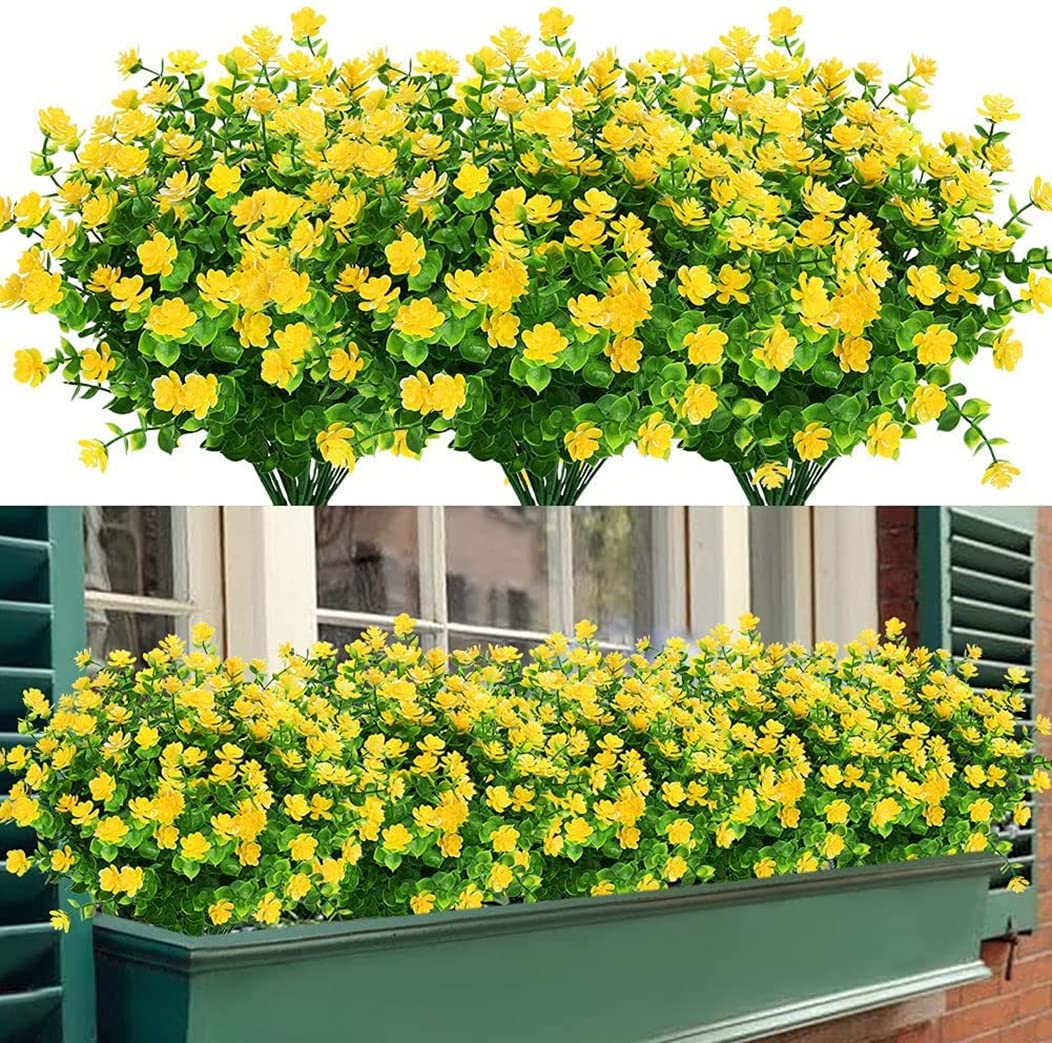 8 Piezas Flores Artificiales Flor Falsas Arbustos Verdes Balcón Resistentes a los Rayos UV Plantas para Colgar Verde Plantas Artificiales Eucalipto para Ventanas Bodas Fiestas(Amarillo)