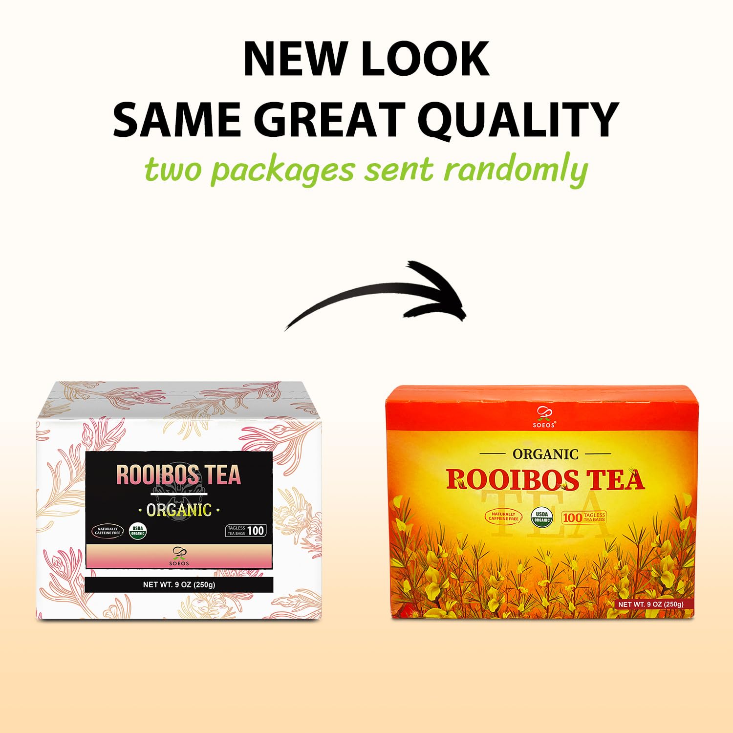 Soeos Organic Rooibos Tea, 100 Teabags, Naturally Caffeine Free, USDA and Non GMO Certify, Smooth and Robust Flavor, Excellent for Hot or Iced Brew, 9oz (250g)