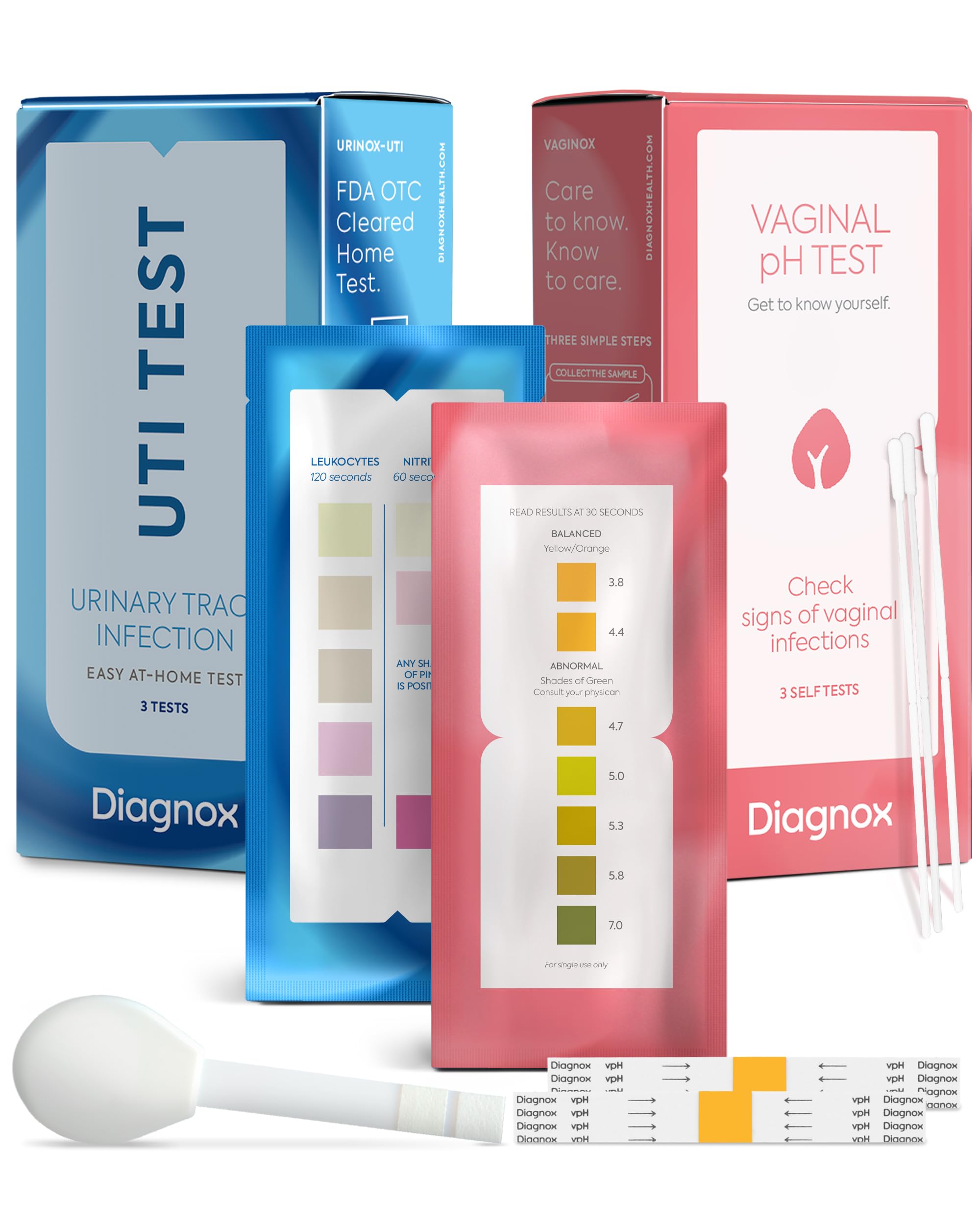 Diagnox UTI Test & Vaginal pH Test Bundle – Clinical Grade Accuracy – 3 UTI Test Strips & 3 Vaginal pH Test Strips for Women – UTI, BV, pH Balance and Yeast Infection Test Kit