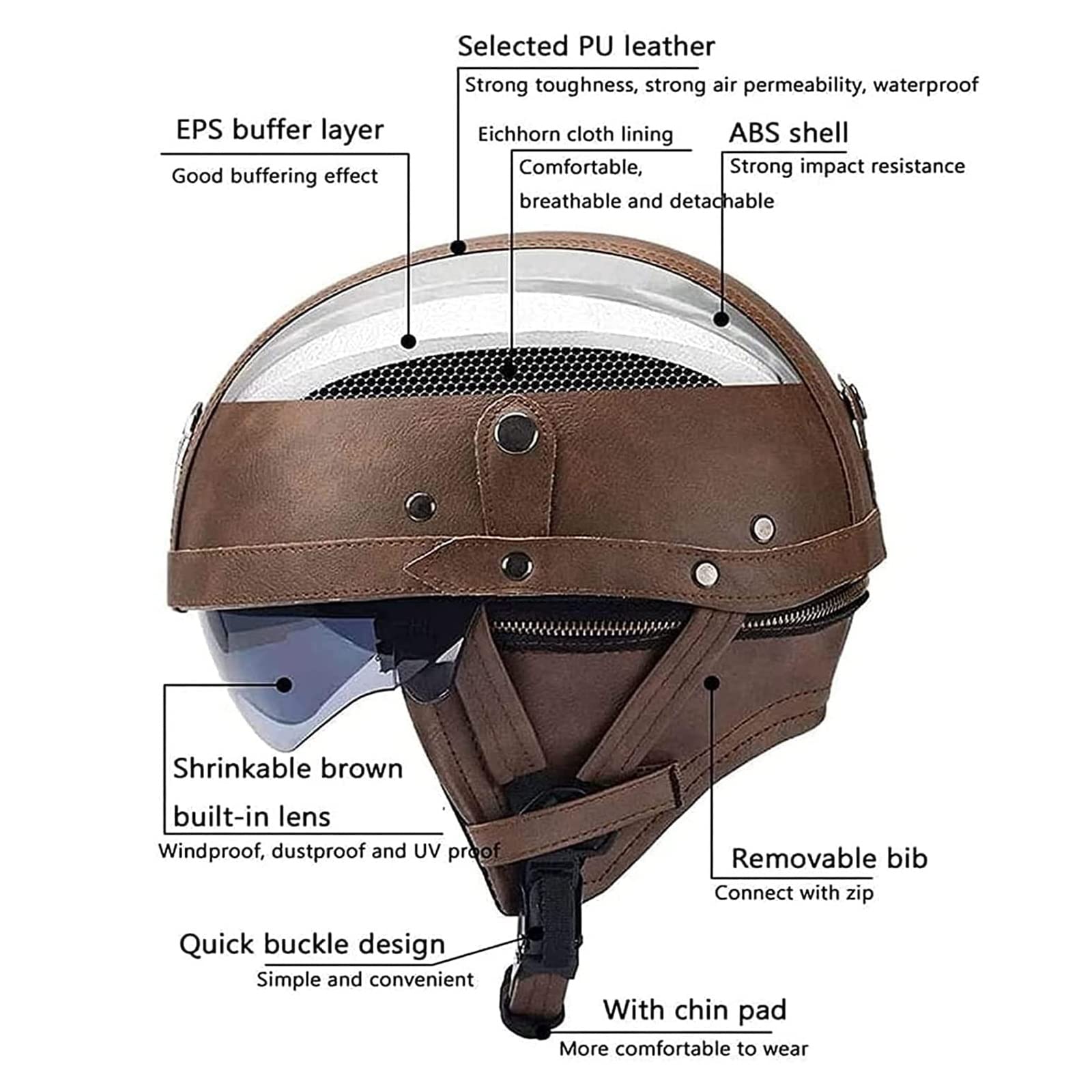 BGMKE Caschi Moto Aperto Vintage in Pelle Casco Demi Jet ECE Certificato retrò Casco Mezzo Motociclo Scodella con Occhiali Casco Ciclomotore per Donna E Uomo Casco Jet Scooter Street