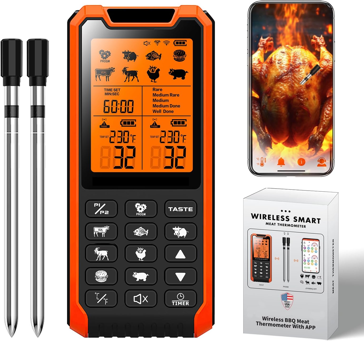 Smart Bluetooth Meat Thermometer - Long Range Wireless Food Thermometer, Digital Meat Thermometer with Dual Probes for BBQ Grill, Oven, Smoker, Air Fryer