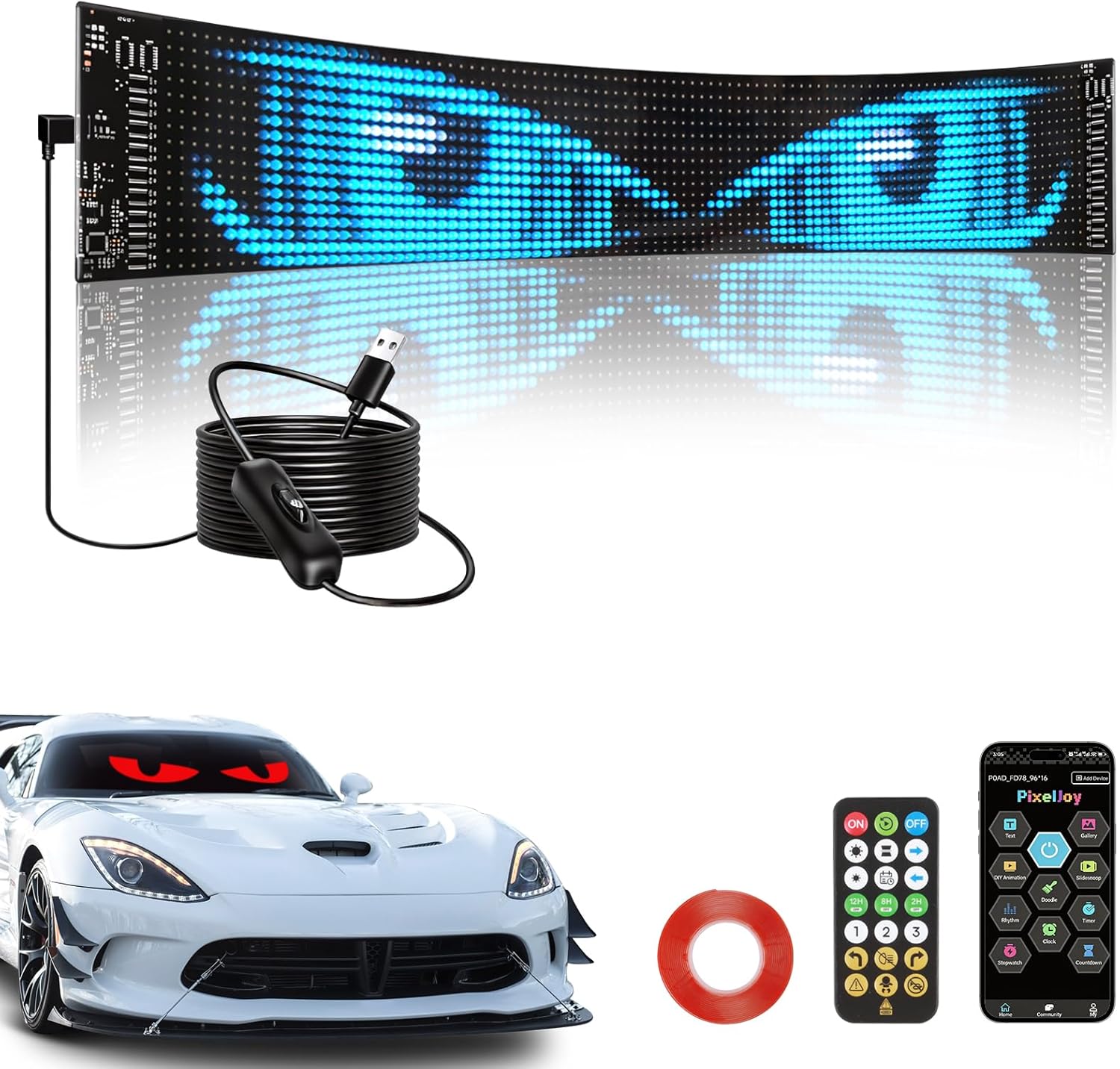 Devil Eyes Light for Windshield 12.6in*6.3inDual LED Eyes for Cars, SUVs & Trucks | Programmable USB Matrix, App/Remote Control, Custom Car Sign (L)