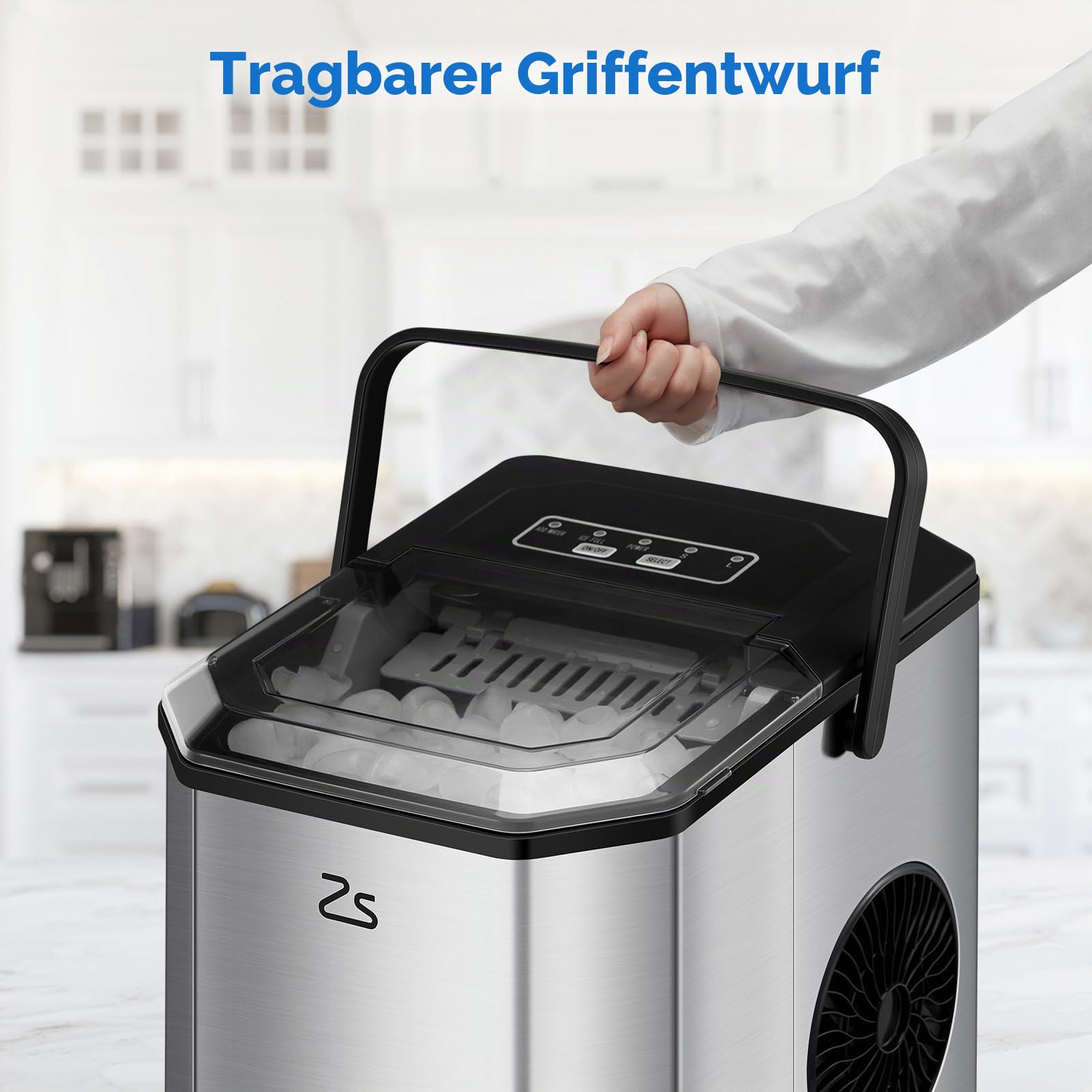 GarveeTech Schnelle & kompakte Eiswürfelmaschine – 120W, 9 Würfel in 6 Min, 12kg/24h – Selbstreinigend, mit Eisschaufel & Korb, tragbarer Eisbereiter für Party, Büro, Bar, Wohnmobil – Europäische